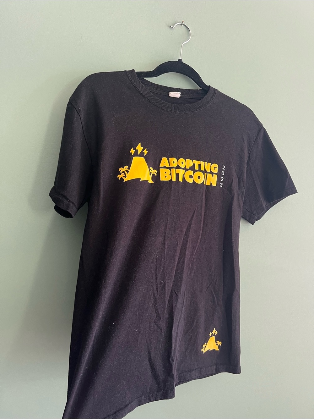 Adopting Bitcoin 2023 Black Tee with Yellow Logo